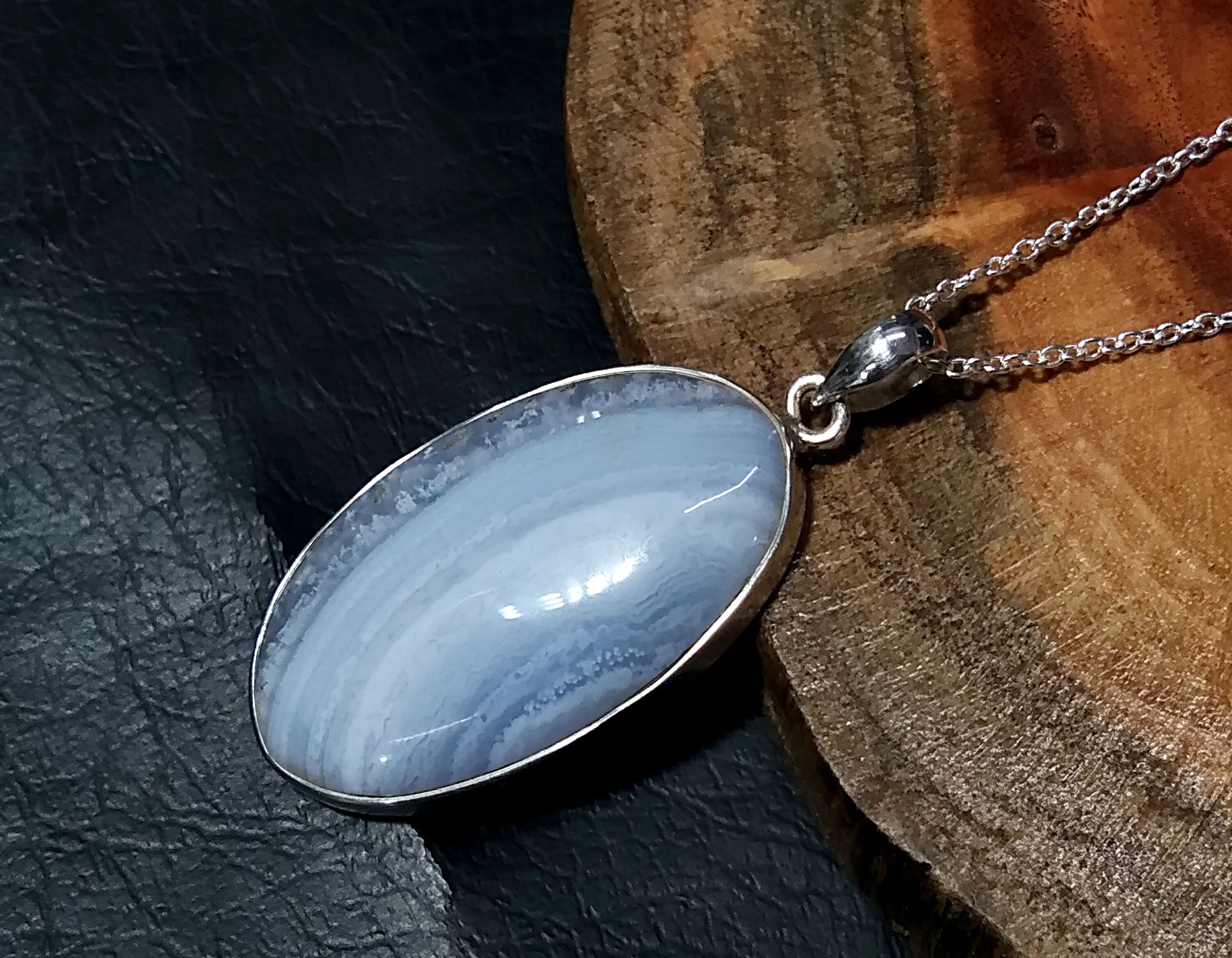 Natural Blue Lace Agate Gemstone Pendant, 925 Starling Silver Pendant Chain Necklace, Handmade Jewelry Stone Size 37x21 mm Gift Pendant